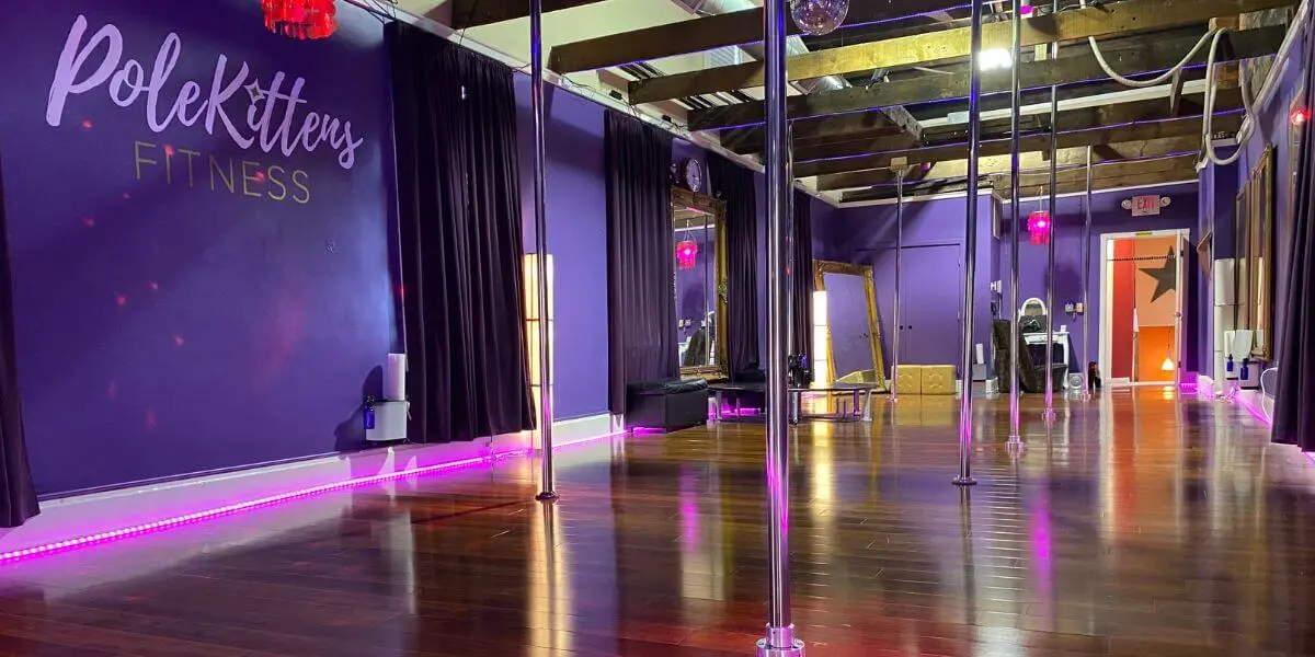 PoleKittens pole room with eight poles and gold-framed mirrors